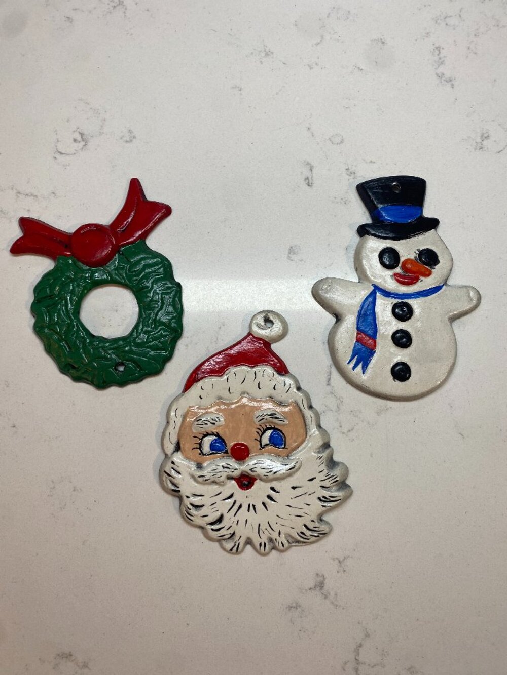 Vintage Metal Christmas Ornaments Set of 3 Santa Snowman Wreath Hand Painted